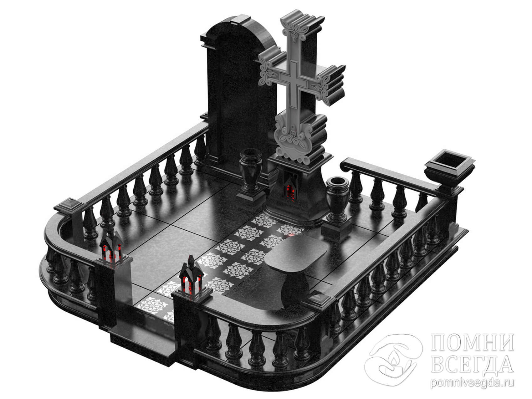 Закругляющиеся гранитное надгробье и резной крест на подставке